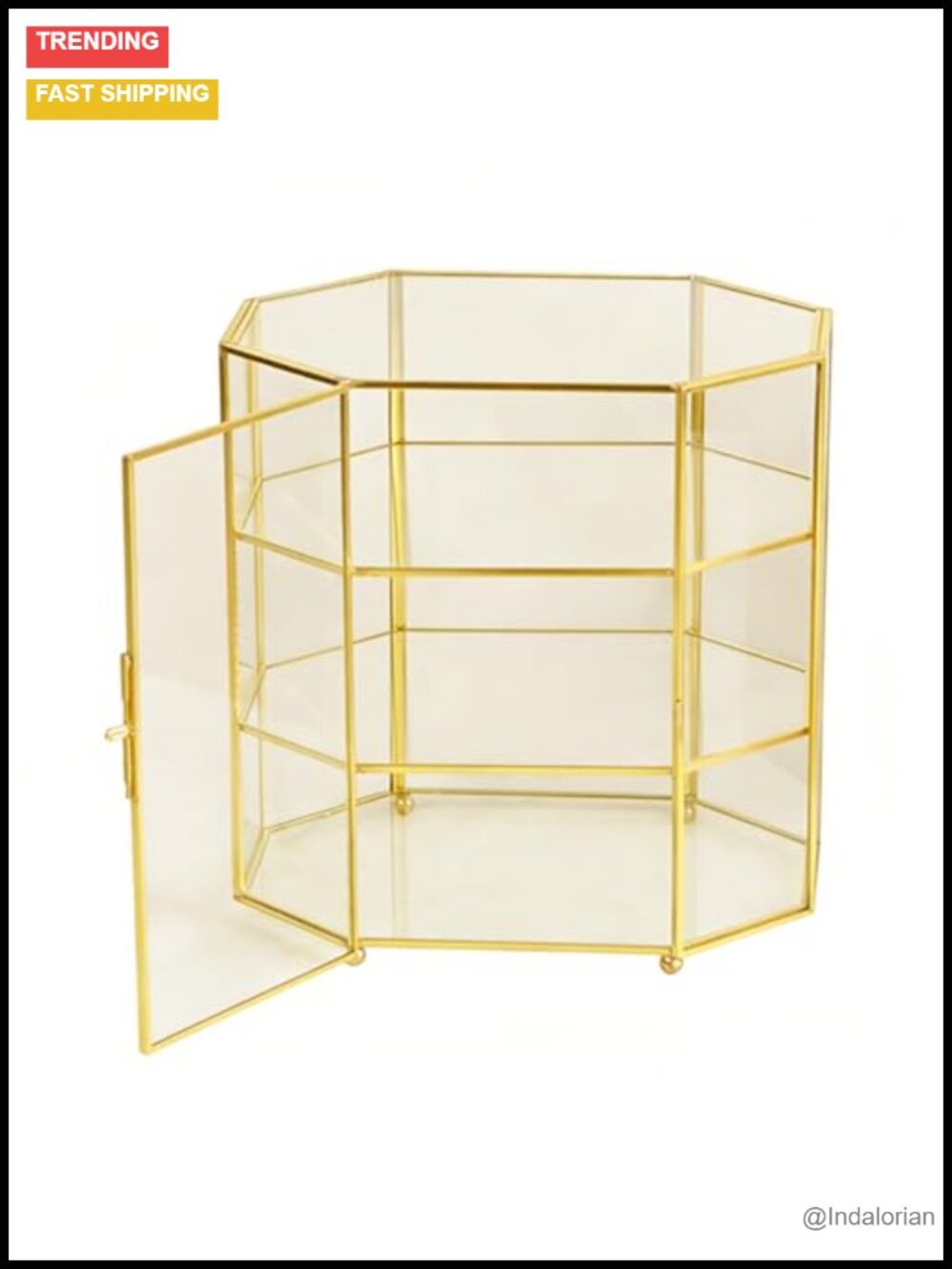 3-Tier Glass Jewelry Display Box Gold-Toned Metal Frame Organizer